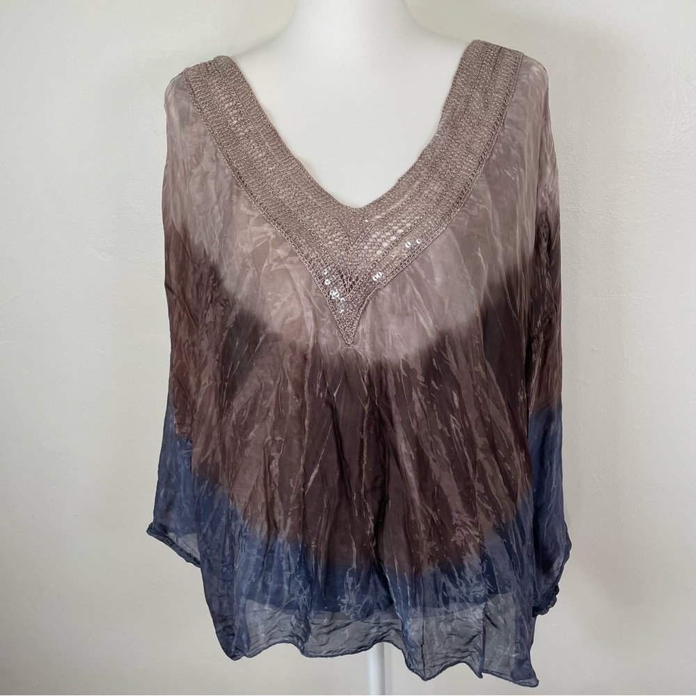Saks Fifth Avenue Taupe to Blue Ombre V-Neck Blouse